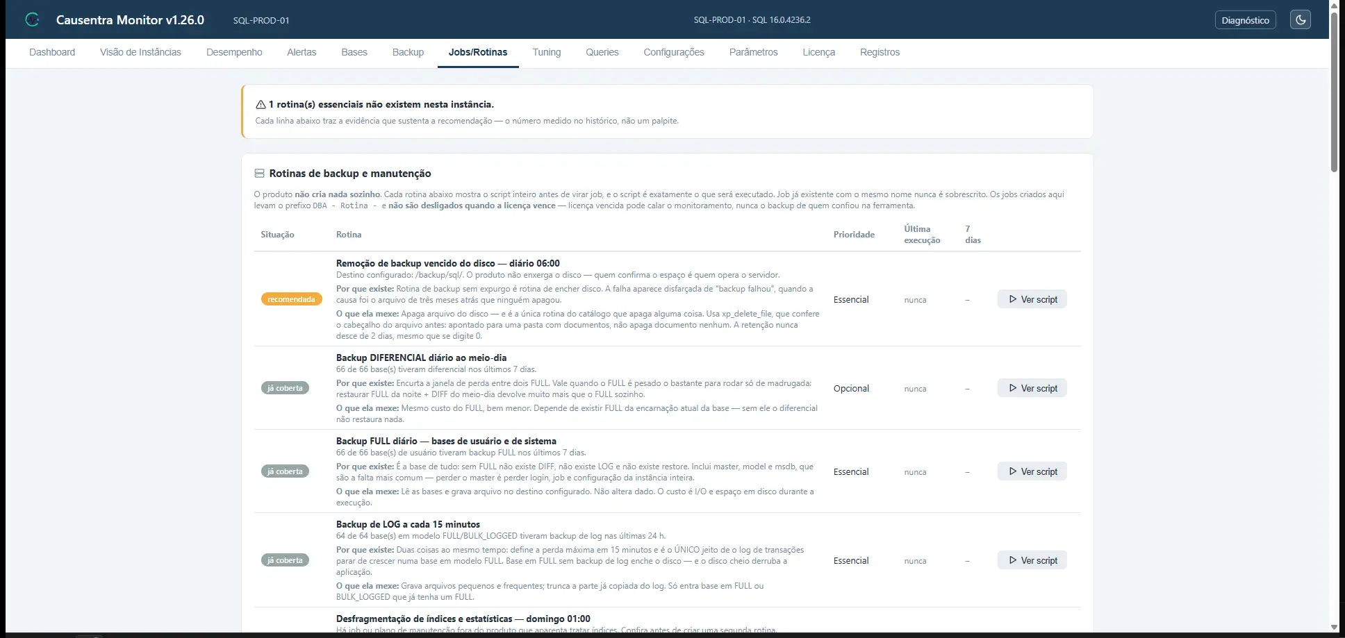 Aba Jobs/Rotinas listando rotinas de backup e manutenção, cada uma com a situação medida, o motivo de existir e o risco declarado.