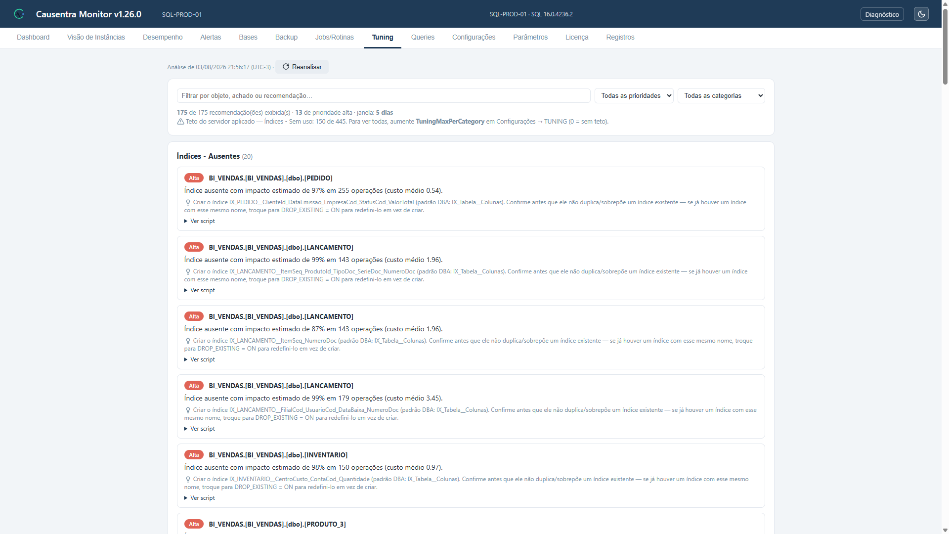 Tela de Tuning organizando recomendações técnicas revisáveis.