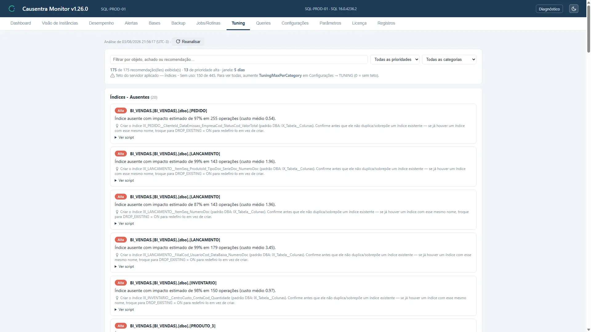 Tela de Tuning organizando recomendações técnicas revisáveis.